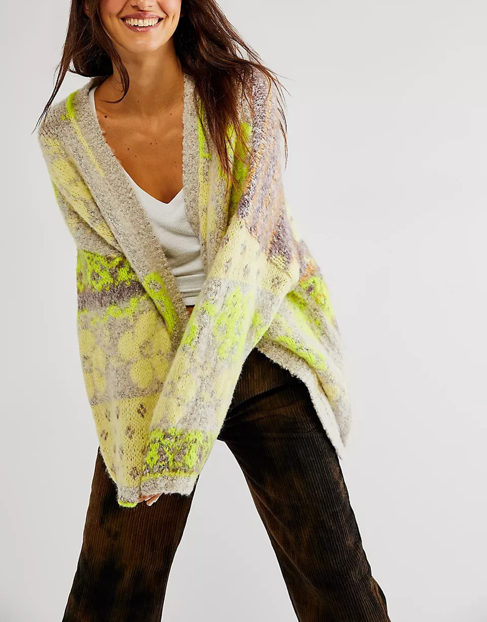 Free People Gather Me Close Cardigan Citrus Sz Large Cozy Winter Floral A011132